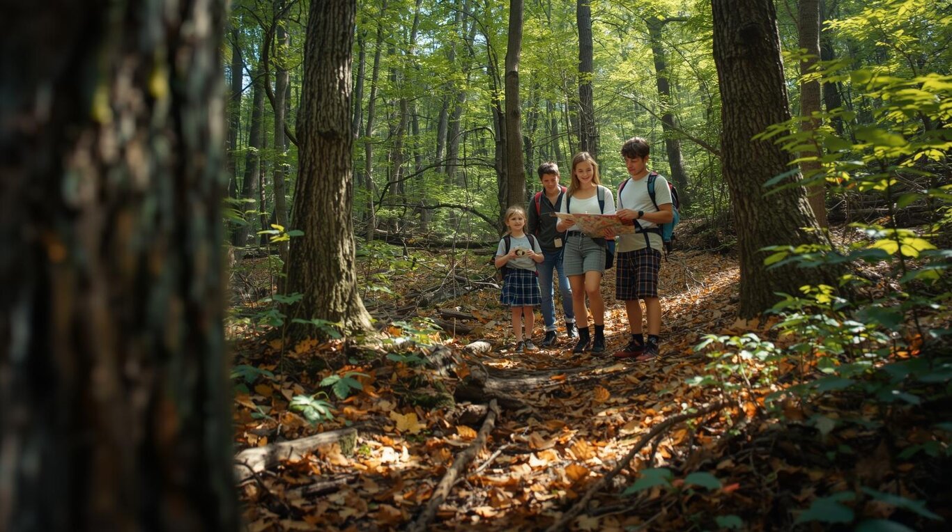 una famiglia che fa orienteering nel bosco. Ultra 