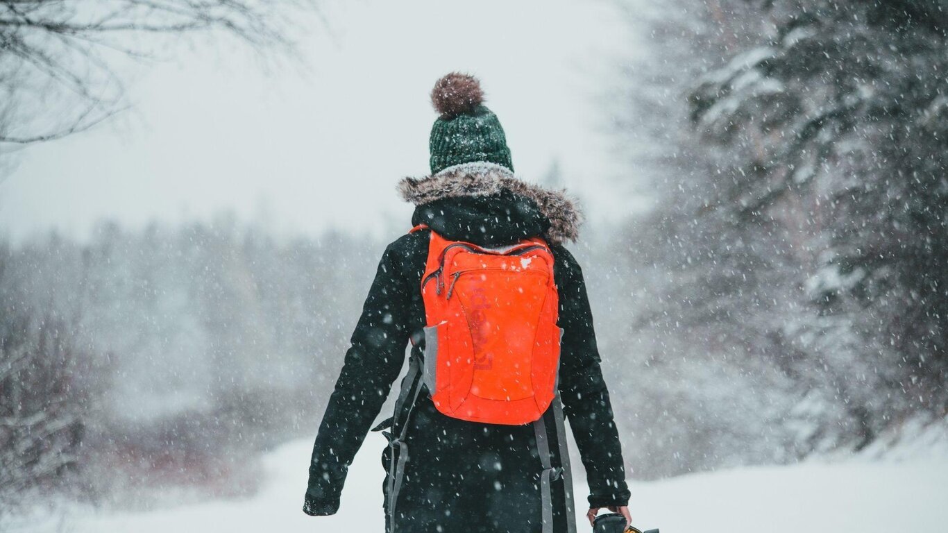 Ragazza che cammina nel bosco con neve